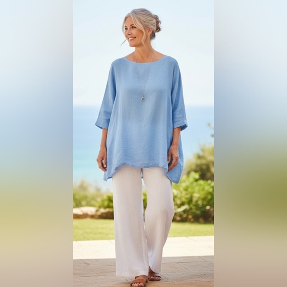 bryn Walker Tops - bryn Walker Light Blue 100% Linen Boxy Tunic Top Size XL Made in USA